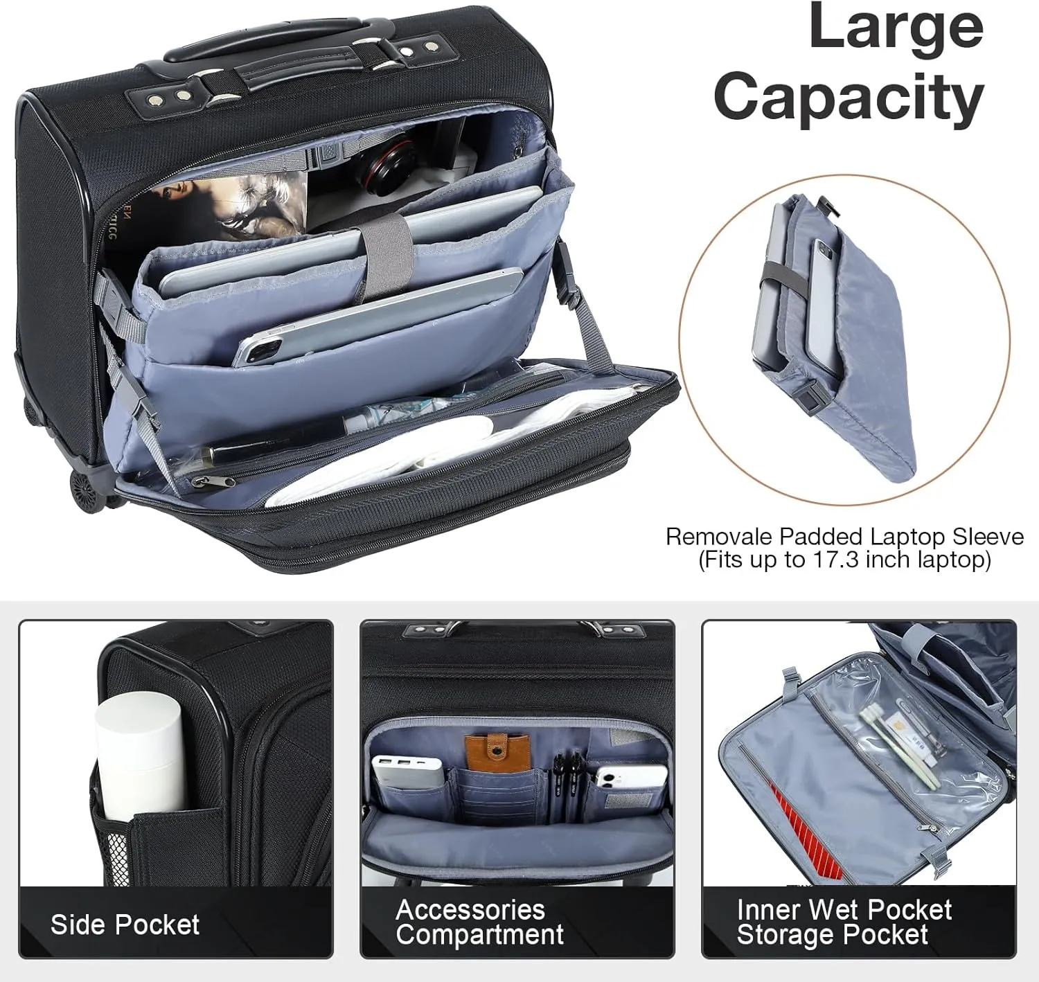 Lekebobor Rolling Laptop Bag with 3 Packing Cubes, Rolling Briefcase for Men Women Fits Up to 15.6 Inch Laptop Briefcase on Wheels