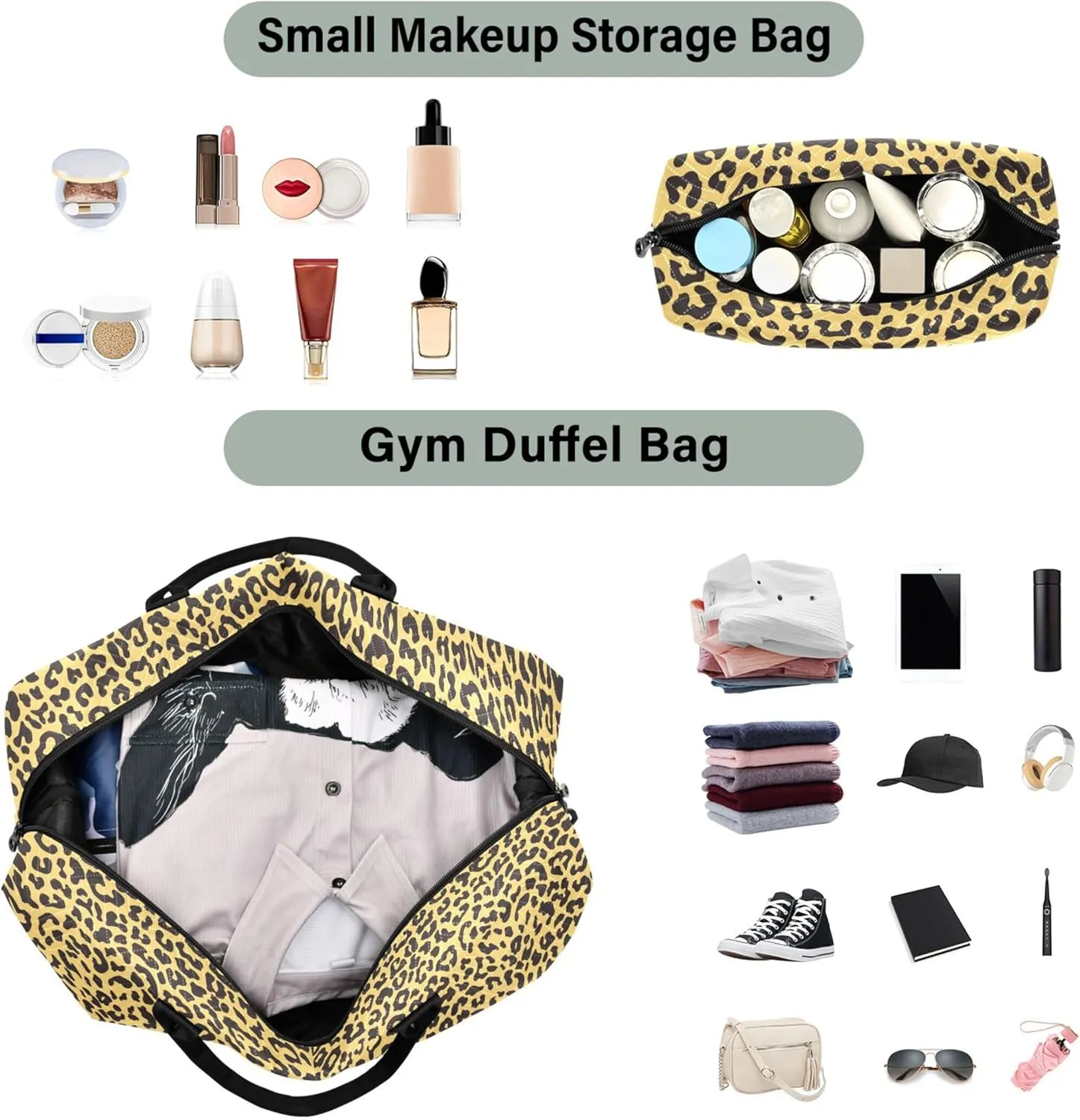 Leopard Pattern Animal Print Duffel Bag for Travel Toiletry Bag Set, Decorative Luggage Bags Overnight Bags