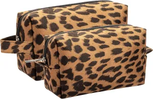 Leopard Print Makeup Bags, 2 Pieces Large Capacity Soft Cosmetic Bags, Travel Toiletry Organizer for Women (Brown)