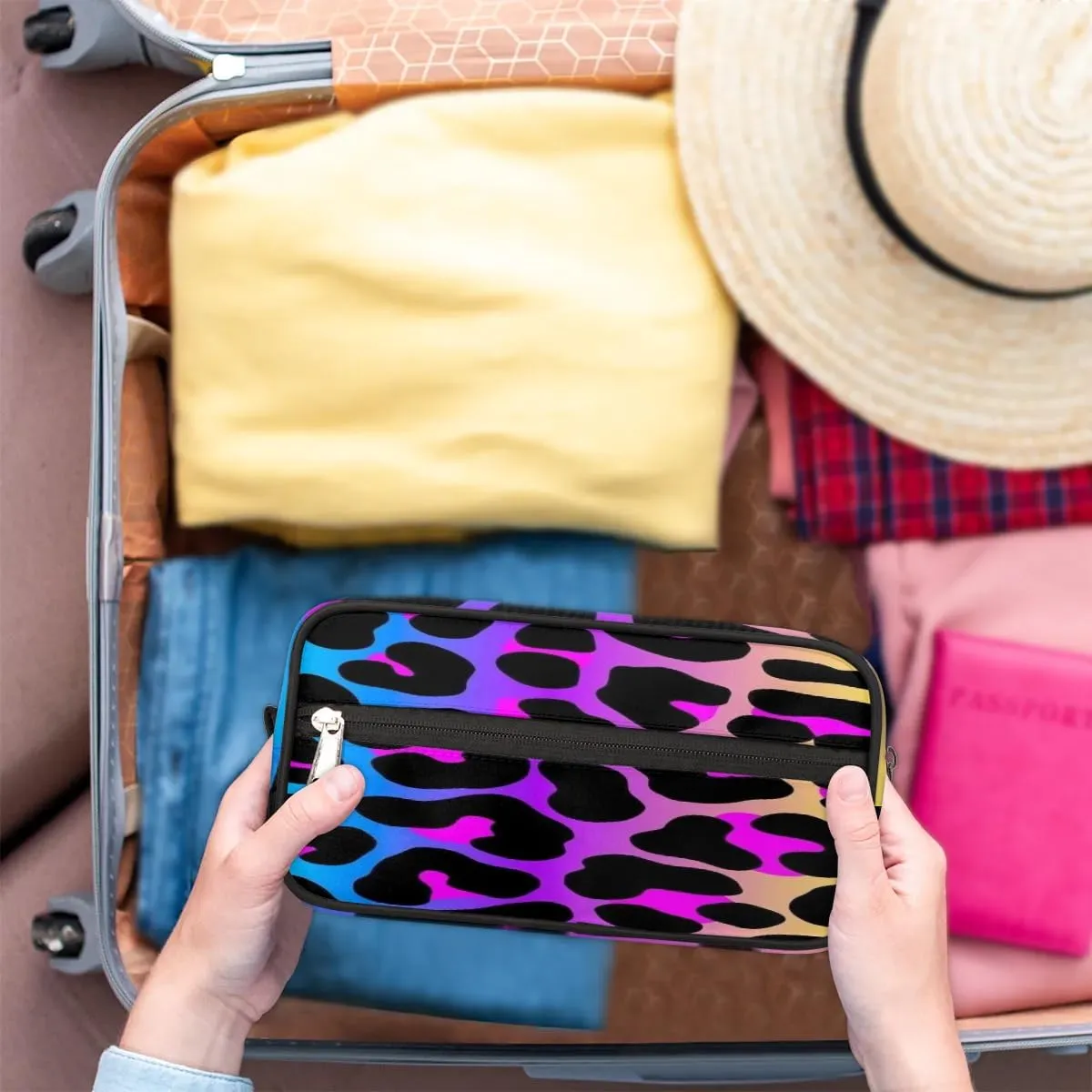 Leopard Rainbow Toiletry Bag for Women Girl,Cheetah Travel Cosmetic Bag,Hanging Makeup Bag,Approved Hygiene Bag Waterproof Dopp Kit Organizer for Toiletries Shower Bathroom Carry-on Accessories Gifts