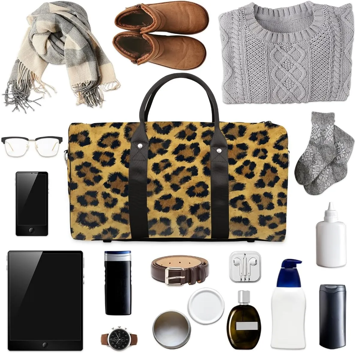 Leopard Travel Duffle Bag, Sports Gym Bags for Women Men, Carry On Weekender Overnight Bag, Cheetah Print Workout Hospital Airplane Trips Bag