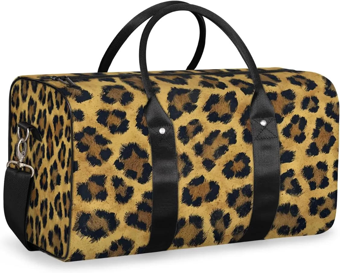 Leopard Travel Duffle Bag, Sports Gym Bags for Women Men, Carry On Weekender Overnight Bag, Cheetah Print Workout Hospital Airplane Trips Bag
