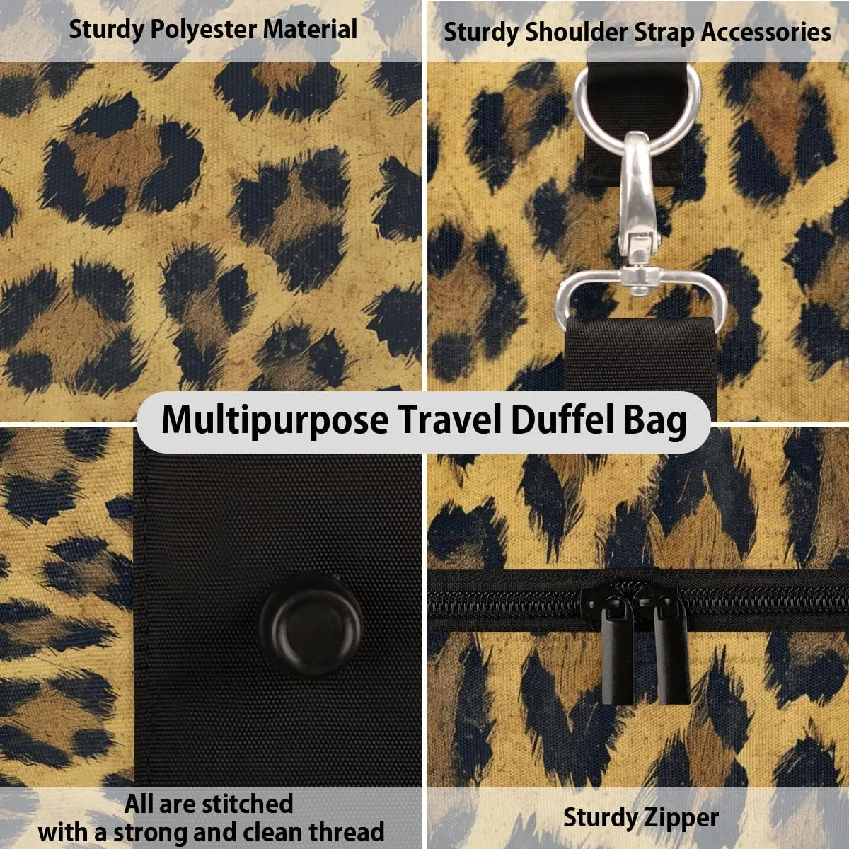 Leopard Travel Duffle Bag, Sports Gym Bags for Women Men, Carry On Weekender Overnight Bag, Cheetah Print Workout Hospital Airplane Trips Bag