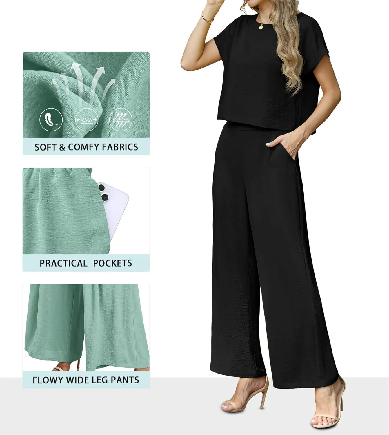 Lepunuo 2 Piece Sets for Women Summer Cap Sleeve Crop Top Wide Leg Pants Matching Lounge Set Vacation Beach Travel Outfits