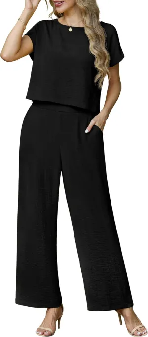 Lepunuo 2 Piece Sets for Women Summer Cap Sleeve Crop Top Wide Leg Pants Matching Lounge Set Vacation Beach Travel Outfits