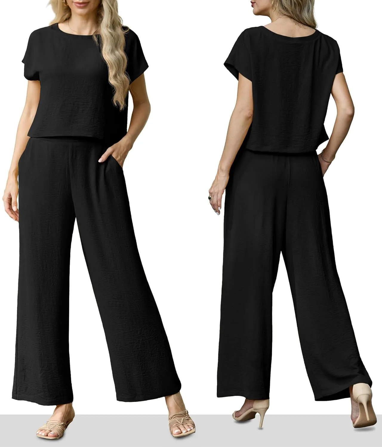 Lepunuo 2 Piece Sets for Women Summer Cap Sleeve Crop Top Wide Leg Pants Matching Lounge Set Vacation Beach Travel Outfits