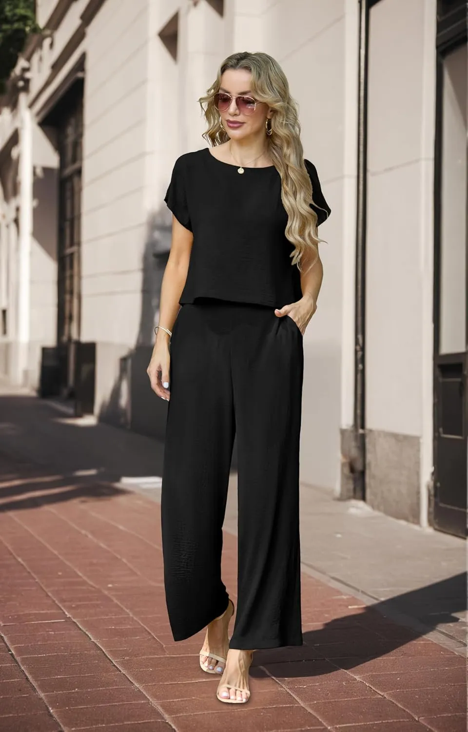 Lepunuo 2 Piece Sets for Women Summer Cap Sleeve Crop Top Wide Leg Pants Matching Lounge Set Vacation Beach Travel Outfits