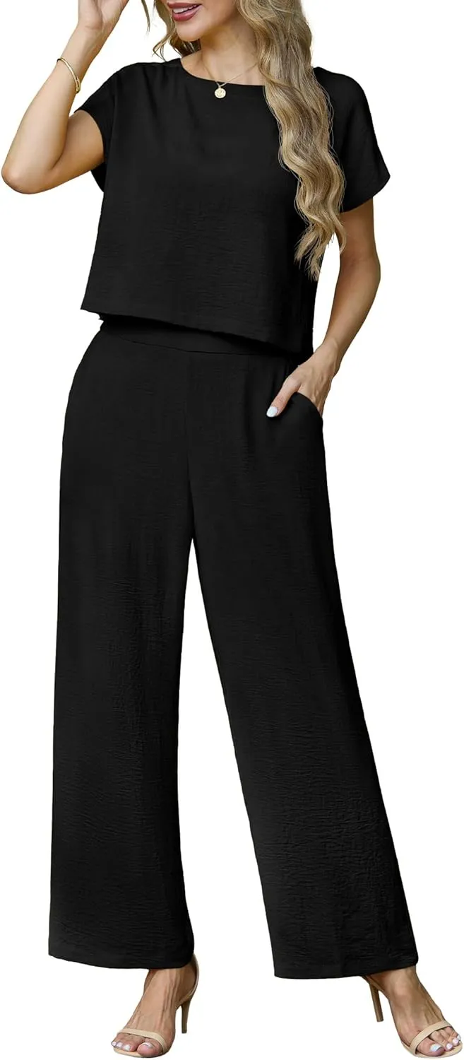 Lepunuo 2 Piece Sets for Women Summer Cap Sleeve Crop Top Wide Leg Pants Matching Lounge Set Vacation Beach Travel Outfits