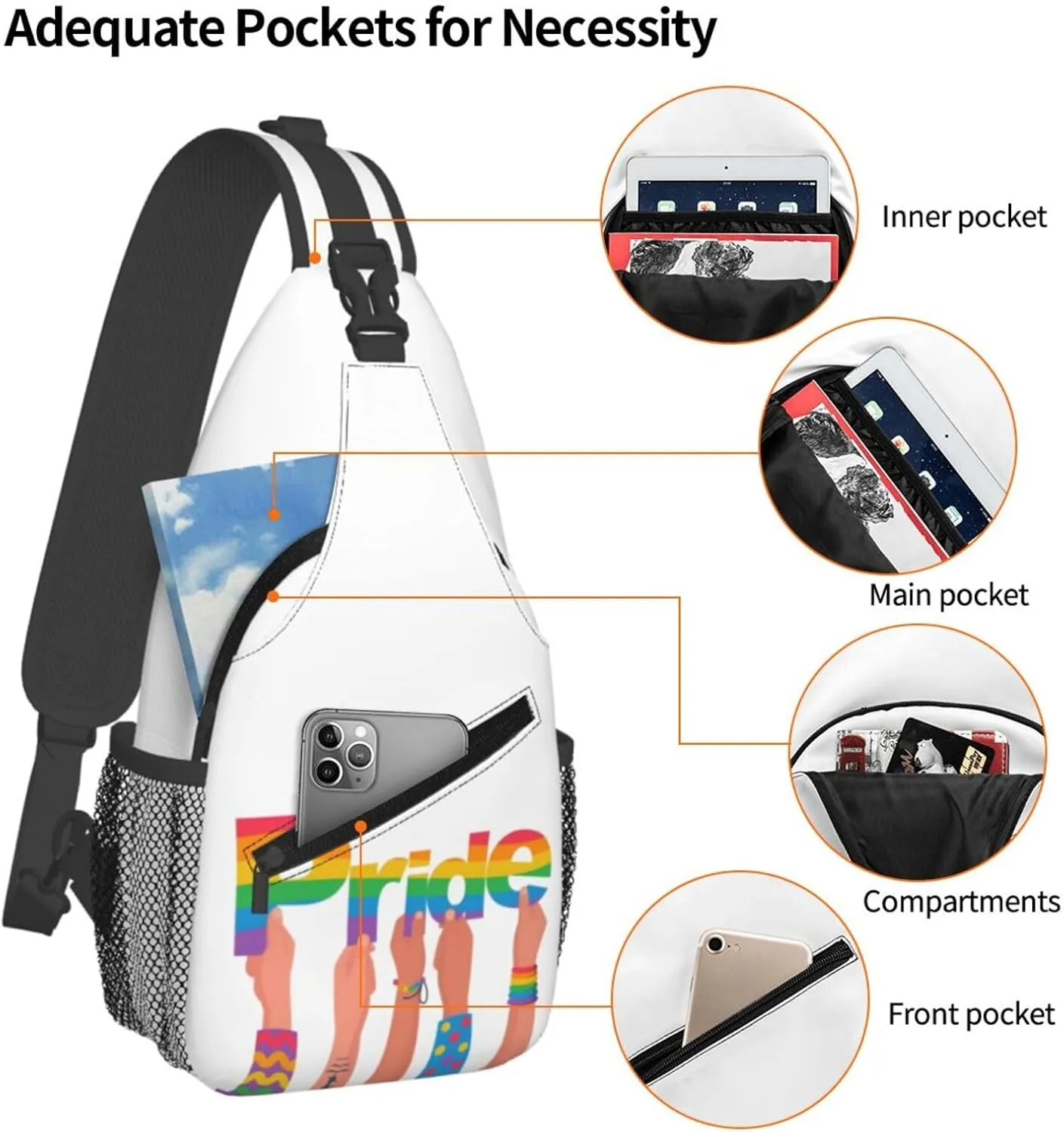 LGBT Gay Pride Love Rainbow Heart Crossbody Bag Adjustable Sling Bag Casual Chest Bags Travel Shoulder Backpack