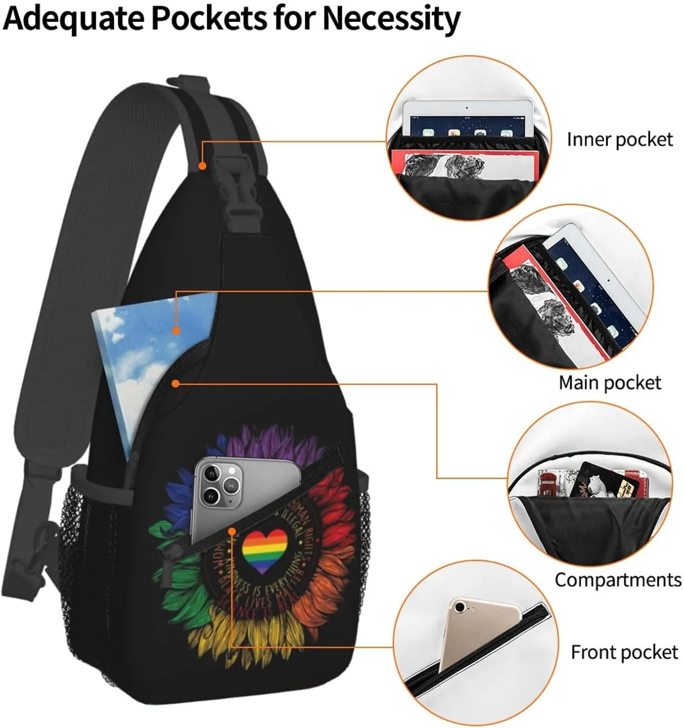 LGBT Gay Pride Sunflower Rainbow Love Crossbody Bag Adjustable Sling Bag Casual Chest Bags Travel Shoulder Backpack