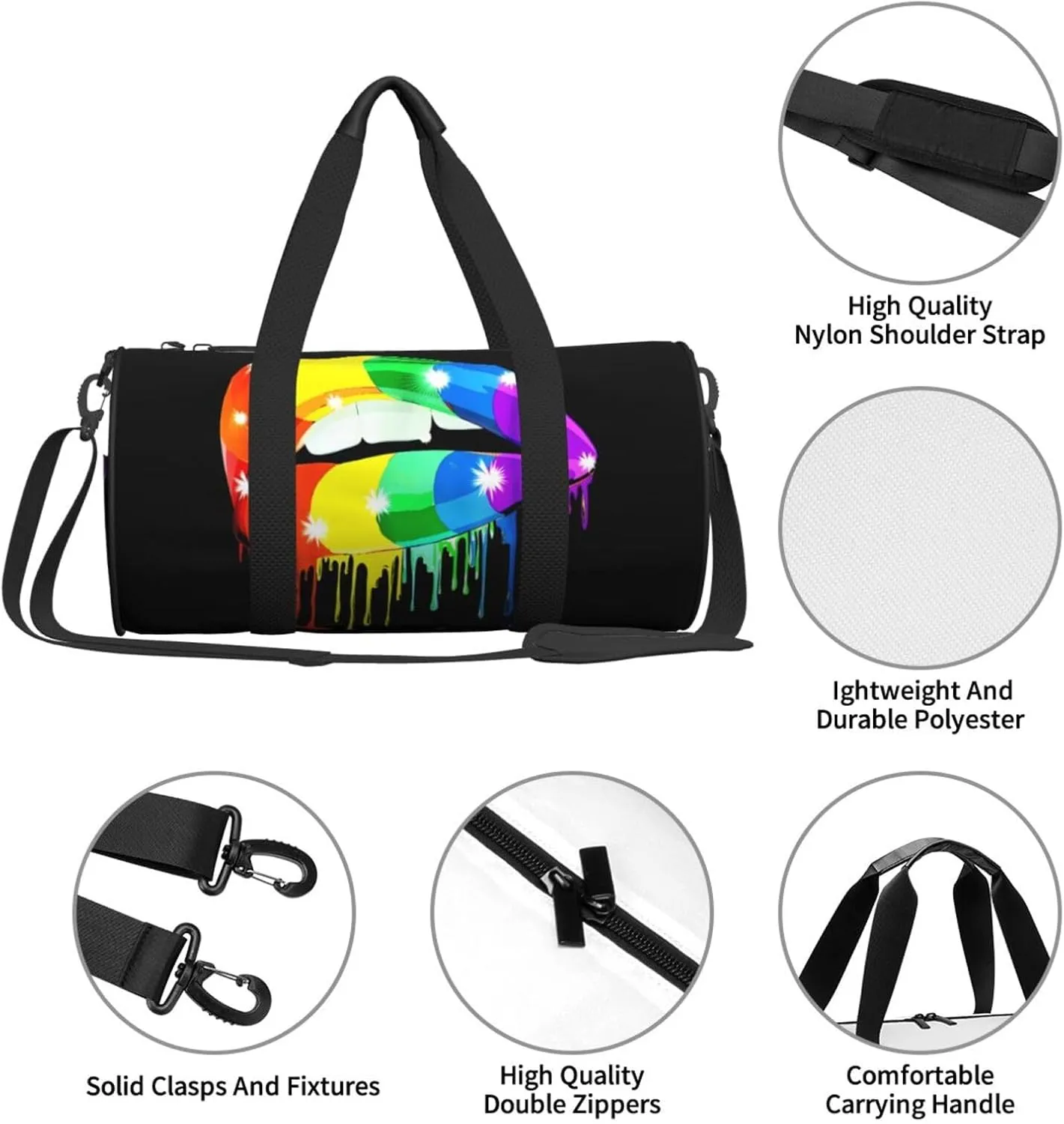 LGBT Pride Rainbow Gay Lesbian Pride rainbow lips Round Travel Duffel Bag Large Capacity Gym Sports Bags for Hiking Vacation Trips