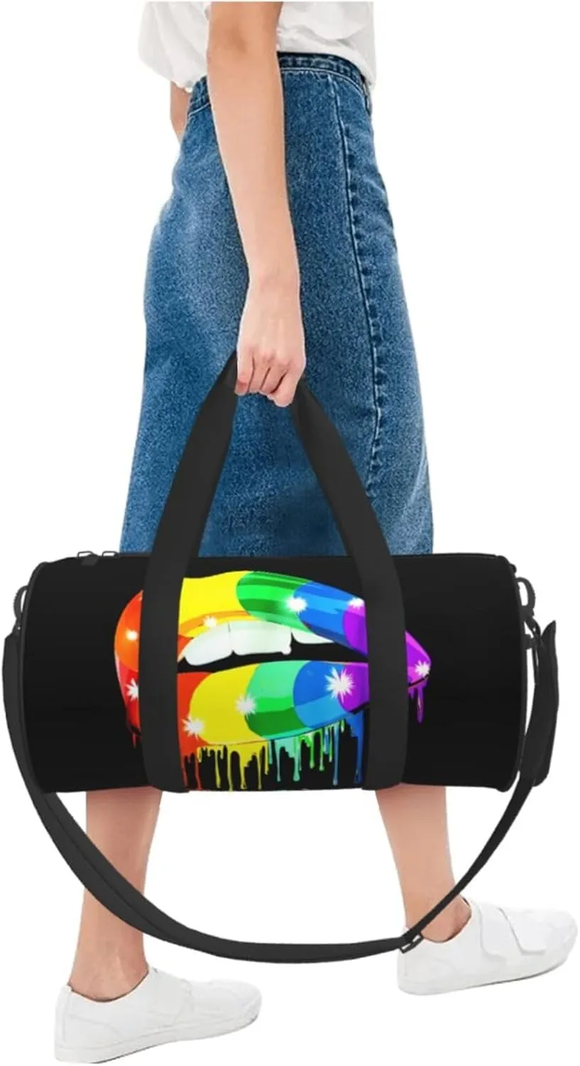 LGBT Pride Rainbow Gay Lesbian Pride rainbow lips Round Travel Duffel Bag Large Capacity Gym Sports Bags for Hiking Vacation Trips