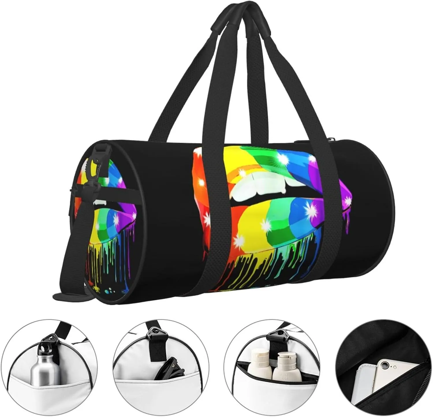 LGBT Pride Rainbow Gay Lesbian Pride rainbow lips Round Travel Duffel Bag Large Capacity Gym Sports Bags for Hiking Vacation Trips