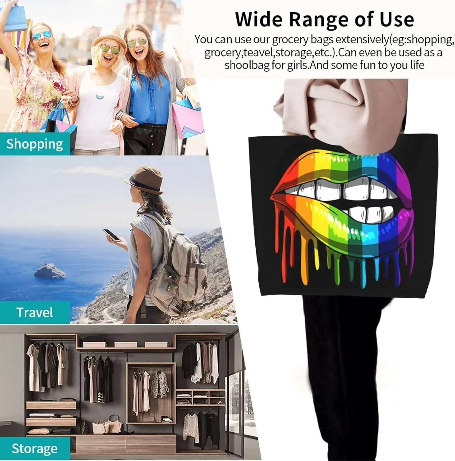 LGBT Pride Rainbow Gay Lip Lesbian Women's Tote Bag Large Capacity Single Shoulder Bags Handbag for Shopping Work
