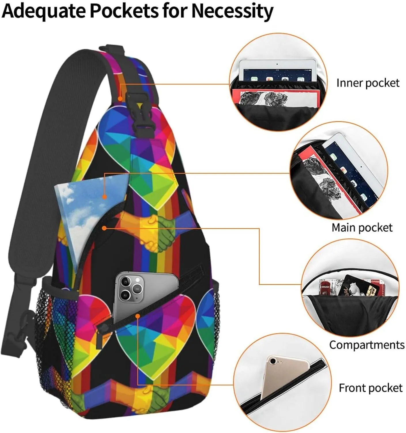 LGBT Rainbow Gay Pride Flag Handshake Love Pride Day Crossbody Bag Sling Bag Chest Bags Travel Shoulder Backpack