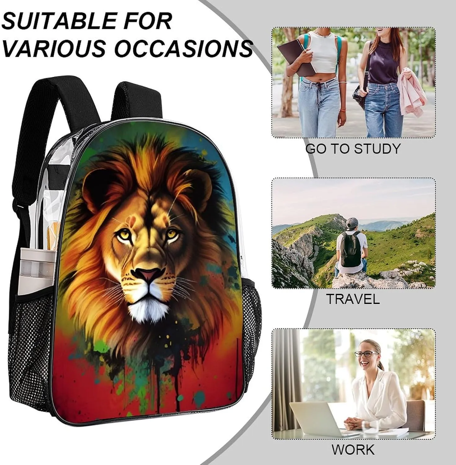 Lightweight Daypack Backpack for Sports Travel Running - Large Capacity Multipurpose Transparent Bookbag, Lion Splatter Painting Laptop Backpack Daypack