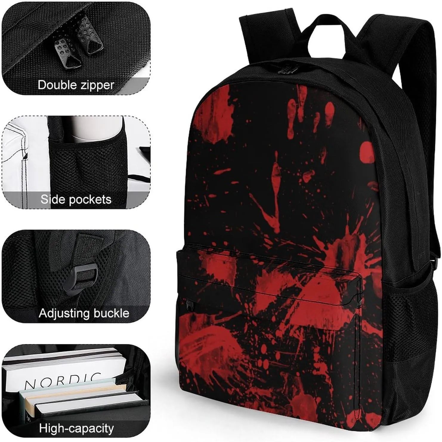 Lightweight Daypack Backpack for Trekking Work Running - Big Capacity Multipurpose Anti-Theft Bookbag, Classic Horror Blood Splatter Black Art Business Computer Bag