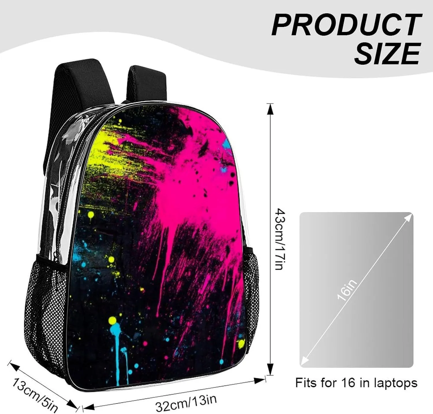 Lightweight Daypack for Camping Business Walking Cycling - Large Capacity Transparent Multipurpose Bookbag, Paint Splatter Dark Colorful Gym Outdoor Hiking Backpack