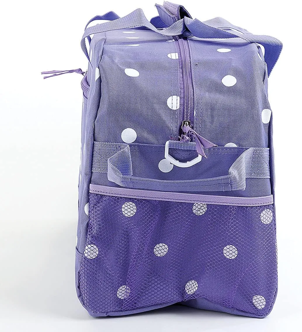 Lillian Vernon Personalized Duffel Bag for Kids, Roomy Purple and White Polka Dot Weekender With Front & Side Compartment, Customizable Girls Sports & Travel Bags With Custom Name, 9" x 10 ½" x 19"