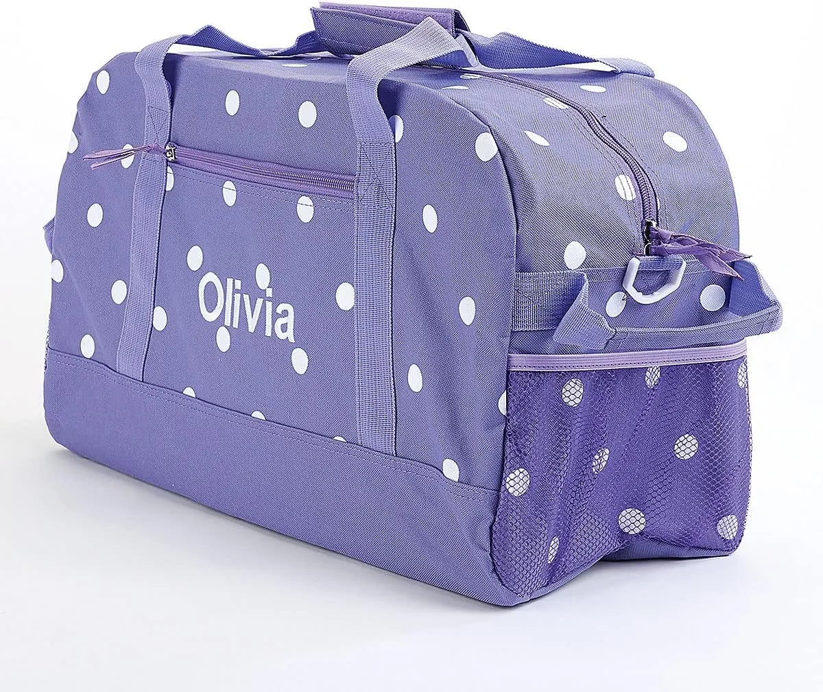 Lillian Vernon Personalized Duffel Bag for Kids, Roomy Purple and White Polka Dot Weekender With Front & Side Compartment, Customizable Girls Sports & Travel Bags With Custom Name, 9" x 10 ½" x 19"