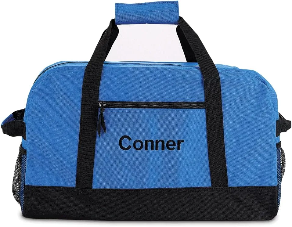 Lillian Vernon Personalized Small Blue and Black Kids Duffel Bag, Boys Sports, 9 x 10 ½ x 19 inches