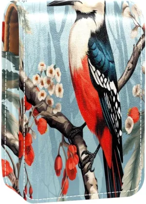 Lipstick Case Woodpecker Bird on Red Berries Branch Prints Mini Lipstick Holder Organizer Bag With Mirror for Purse Travel Cosmetic Pouch