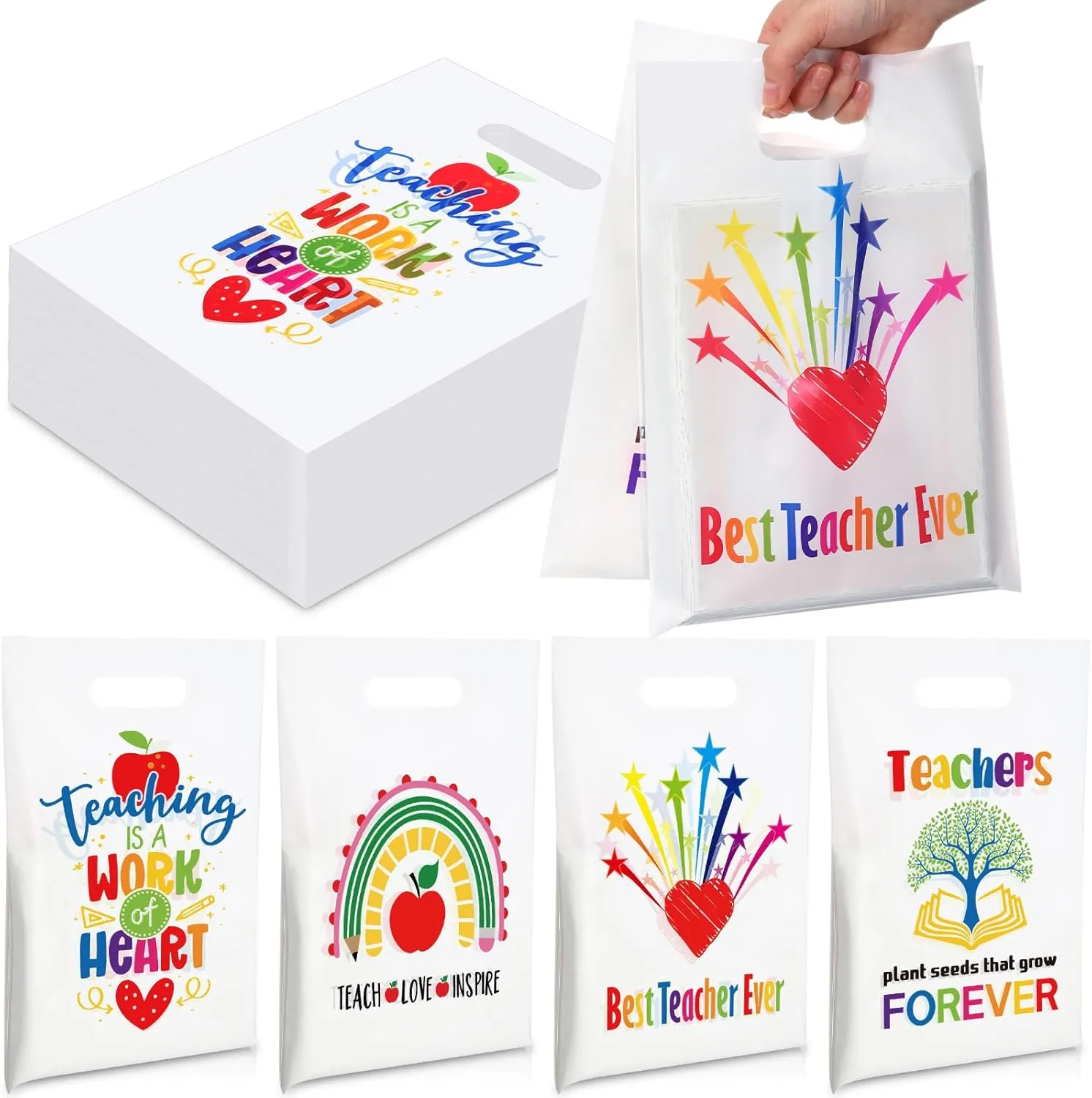 Locmeo 100 Pieces Plastic Teacher Appreciation Gift Bags Bulk 9'' x 12'' Thank You Teacher Party Favors Bags Teacher Ever Treat Bags Merchandise Bags for Teacher Appreciation Party Supplies Decor