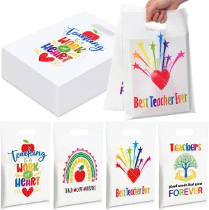 Locmeo 100 Pieces Plastic Teacher Appreciation Gift Bags Bulk 9'' x 12'' Thank You Teacher Party Favors Bags Teacher Ever Treat Bags Merchandise Bags for Teacher Appreciation Party Supplies Decor