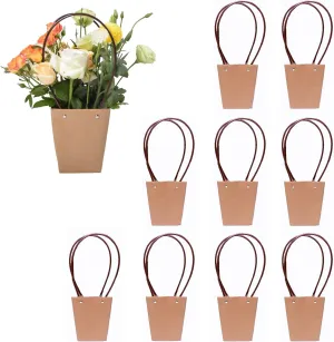 LONG XIN SERIES 10PCS Kraft Paper Flower Gift Bags with Handle Waterproof Brown Bouquet Bags Box for Wrapping Gift Home Decoration Florist Supply