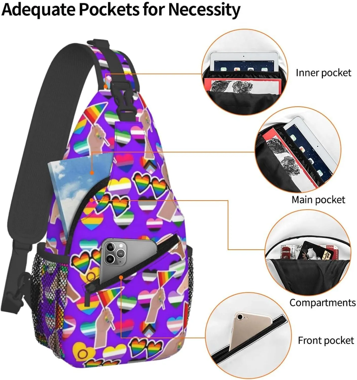 Love Is Love LGBT Gay Pride Rainbow Heart Crossbody Bag Adjustable Sling Bag Chest Bags Travel Shoulder Backpack