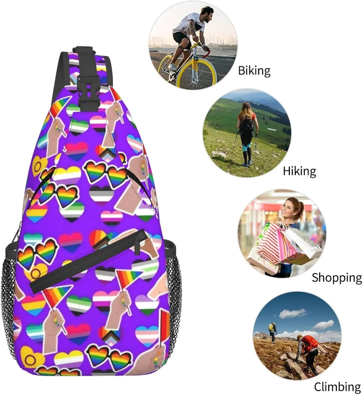 Love Is Love LGBT Gay Pride Rainbow Heart Crossbody Bag Adjustable Sling Bag Chest Bags Travel Shoulder Backpack