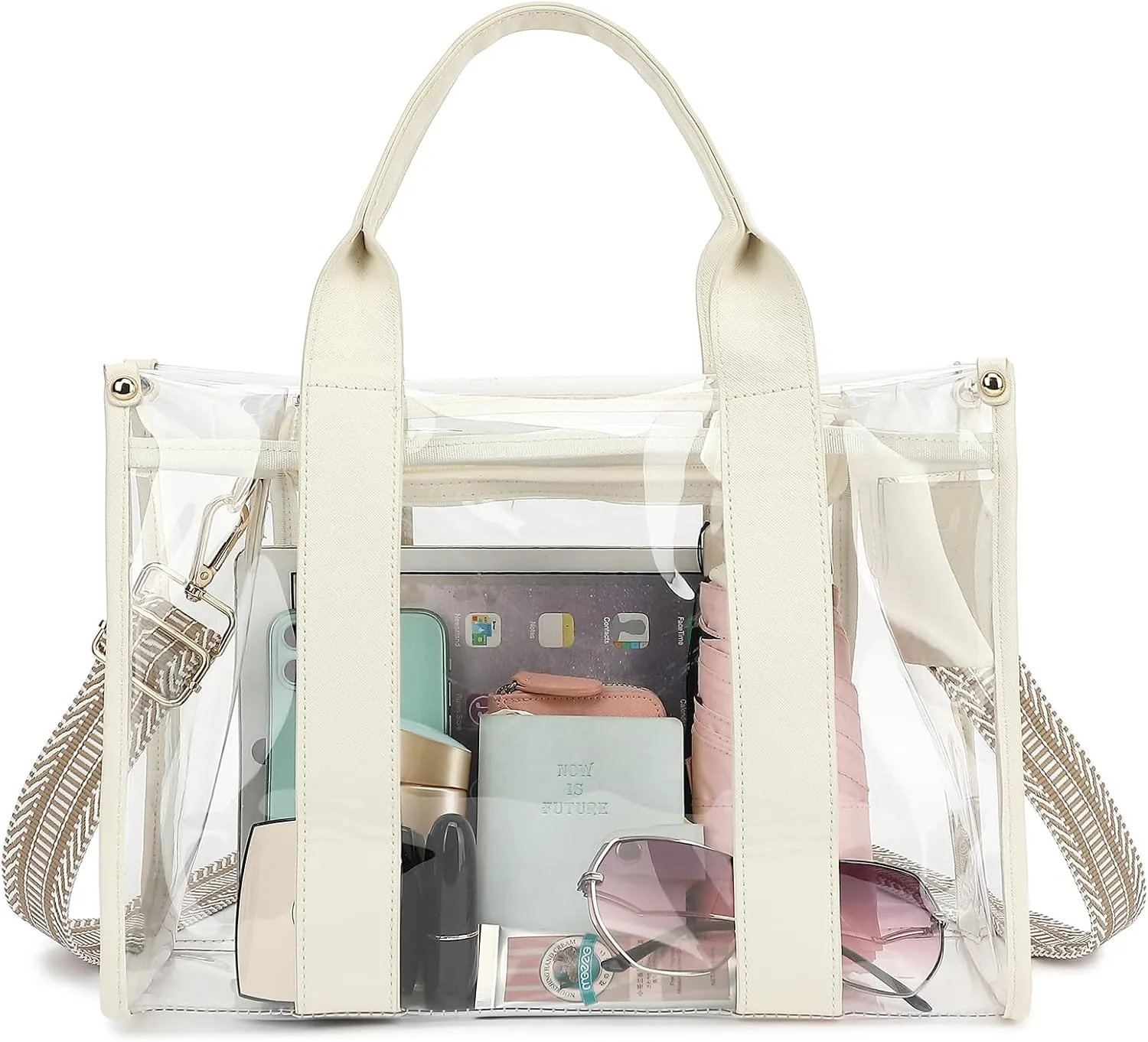 LOXOMU Clear Tote Bag Stadium Approved, Large Clear Bag for Stadium Events Transparent Shoulder Handbag with Adjustable Strap