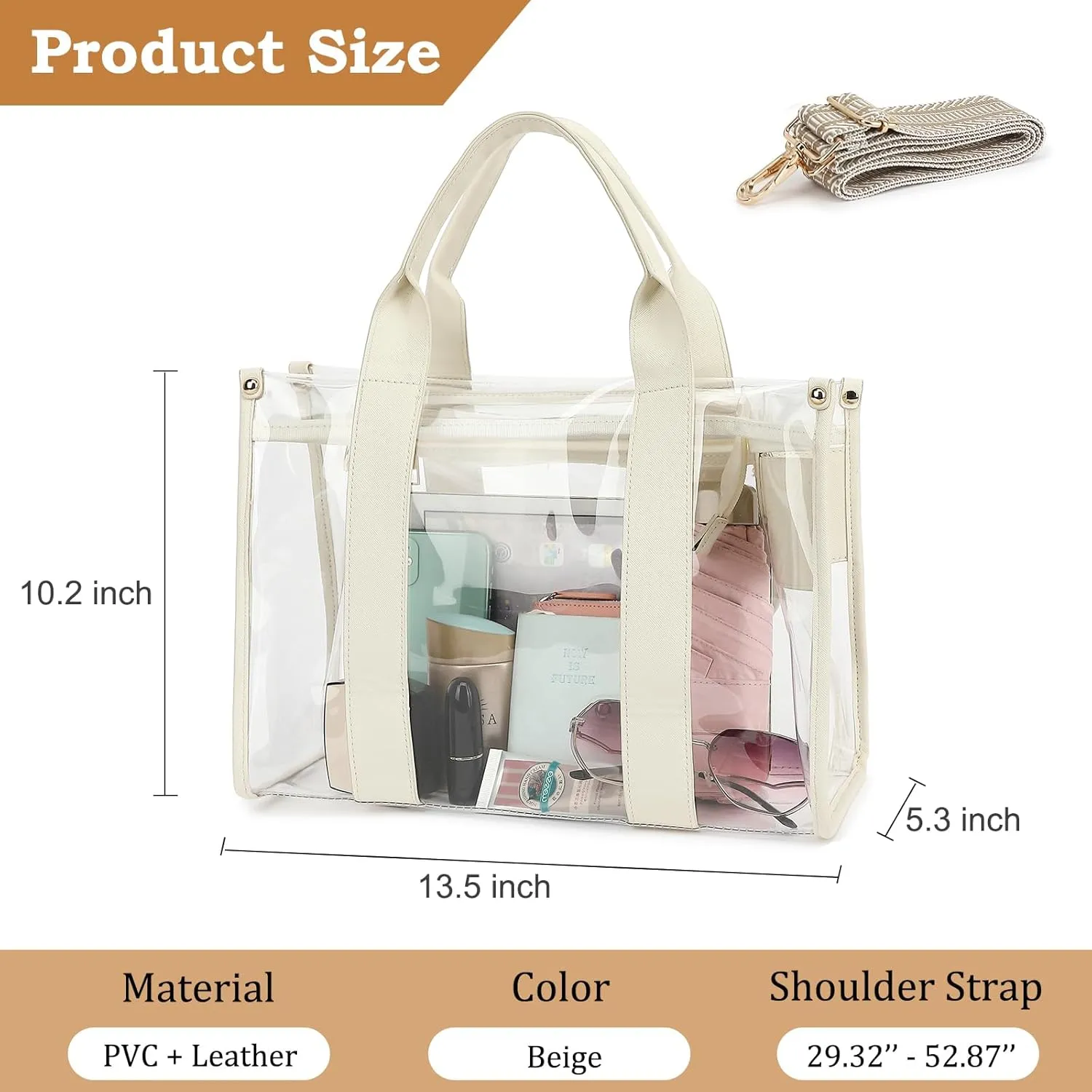 LOXOMU Clear Tote Bag Stadium Approved, Large Clear Bag for Stadium Events Transparent Shoulder Handbag with Adjustable Strap