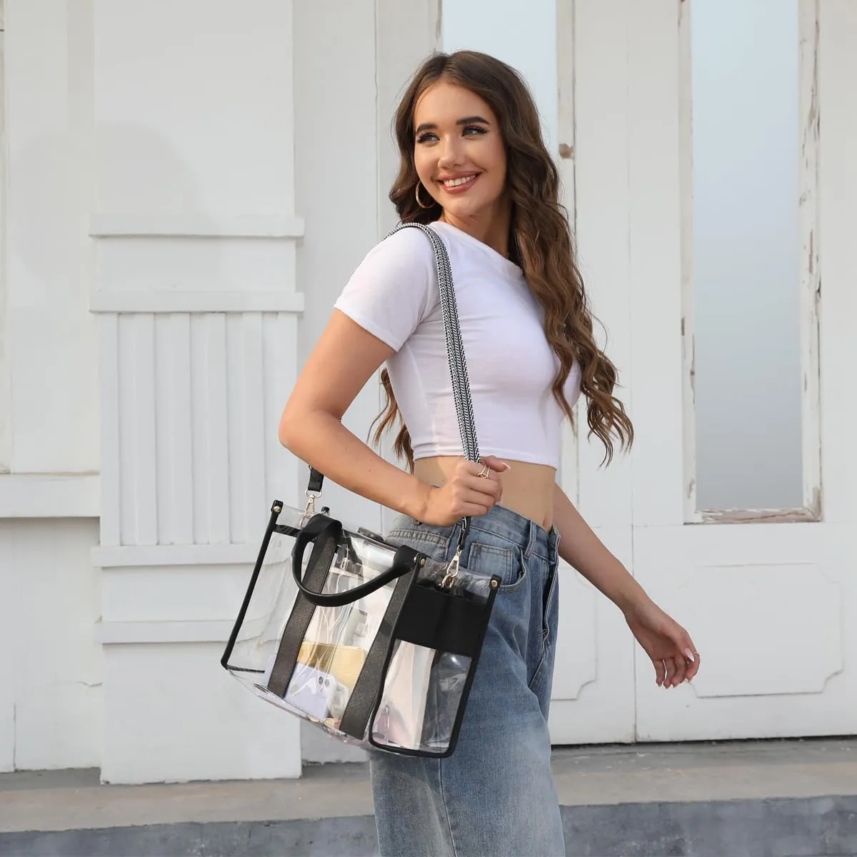 LOXOMU Clear Tote Bag Stadium Approved, Large Clear Bag for Stadium Events Transparent Shoulder Handbag with Adjustable Strap