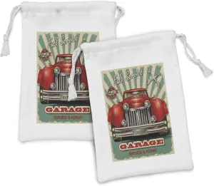 Lunarable Man Cave Fabric Pouch Set of 2, Old Fashioned Retro Advertising Signboard Print Fifties Style Worn Grungy Display, Small Drawstring Bag for Toiletries Masks and Favors, 9" x 6", Multicolor