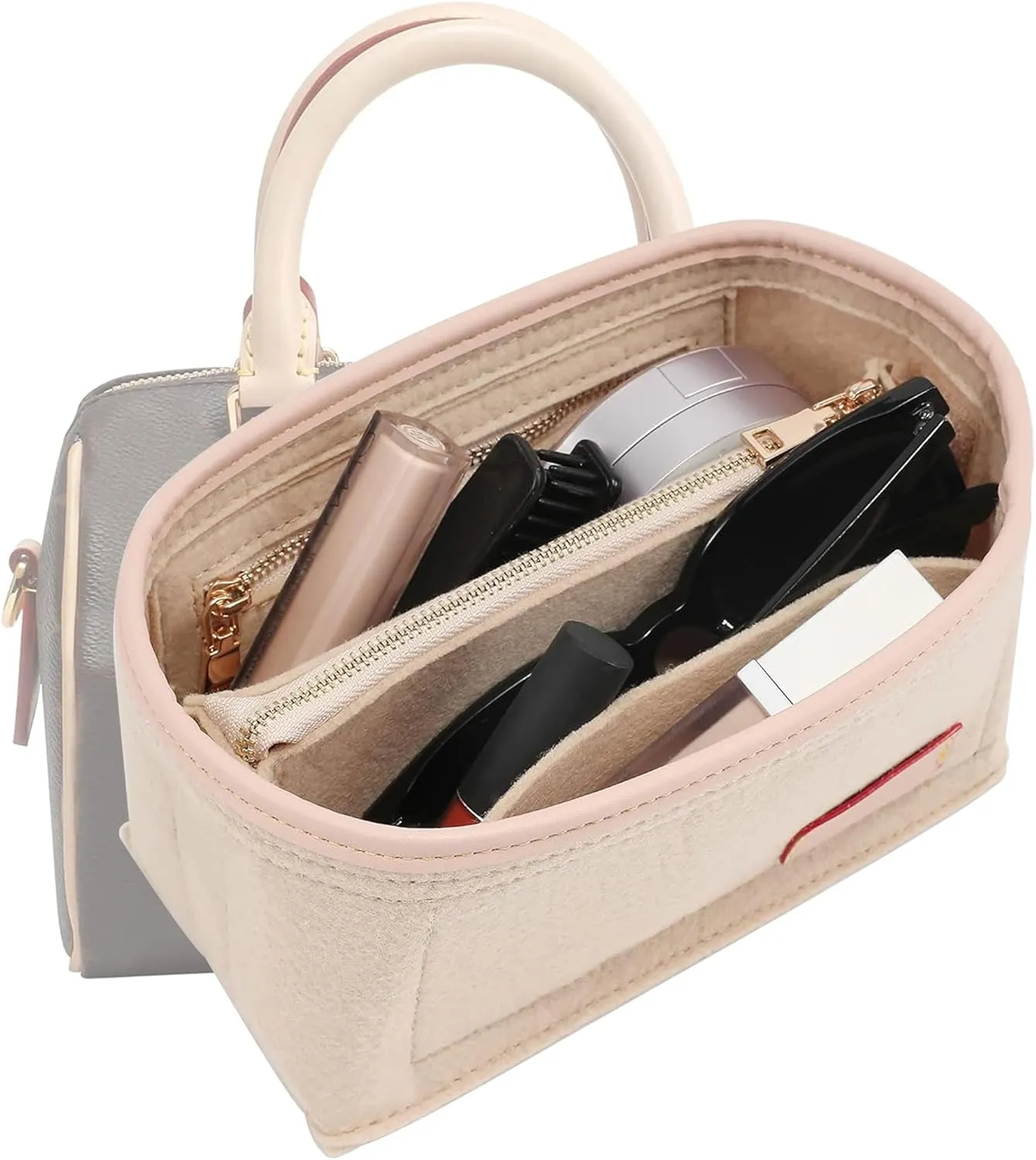 LV Speedy 20 LV Alma BB Felt Organizer Insert, Purse Organizer Insert for Handbags with Zipper Pocket and Bag in Bag (Beige, Small)
