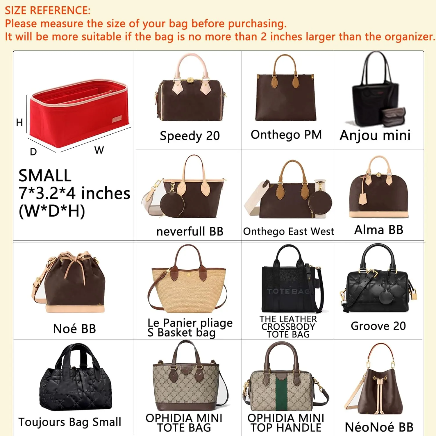 LV Speedy 20 LV Alma BB Felt Organizer Insert, Purse Organizer Insert for Handbags with Zipper Pocket and Bag in Bag (Beige, Small)