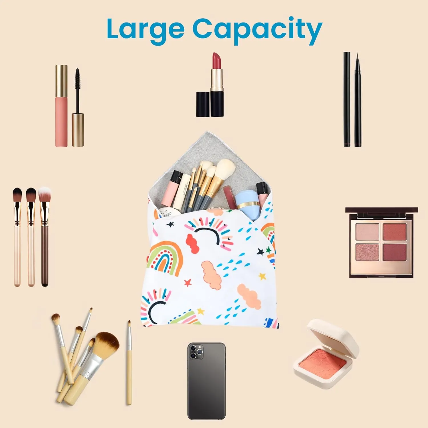 Magic Cloth Makeup Bag,Self-Adhesive Portable Cosmetic Bag,Multi Purpose Reusable Travel Storage Bag,Camera Lens Protector,Protective Cover Laptop Sleeve,Folding,Washable(21.7" X 21.7",Rainbow)