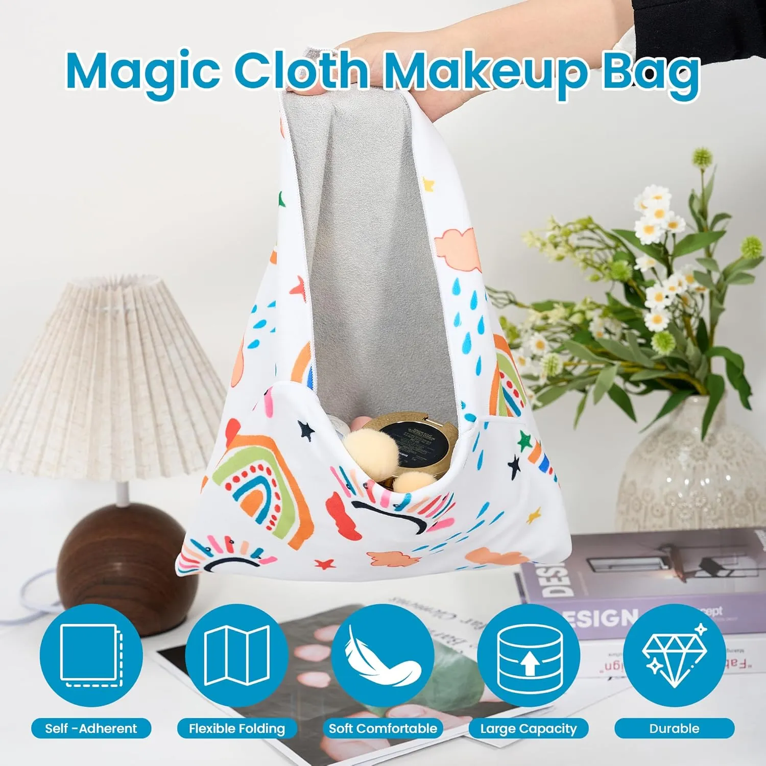Magic Cloth Makeup Bag,Self-Adhesive Portable Cosmetic Bag,Multi Purpose Reusable Travel Storage Bag,Camera Lens Protector,Protective Cover Laptop Sleeve,Folding,Washable(21.7" X 21.7",Rainbow)