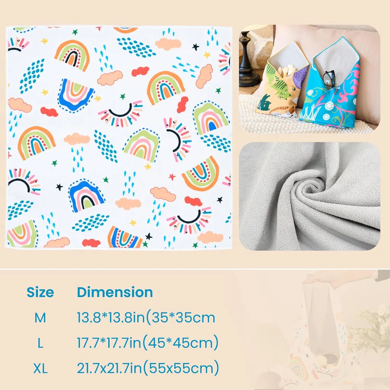 Magic Cloth Makeup Bag,Self-Adhesive Portable Cosmetic Bag,Multi Purpose Reusable Travel Storage Bag,Camera Lens Protector,Protective Cover Laptop Sleeve,Folding,Washable(21.7" X 21.7",Rainbow)