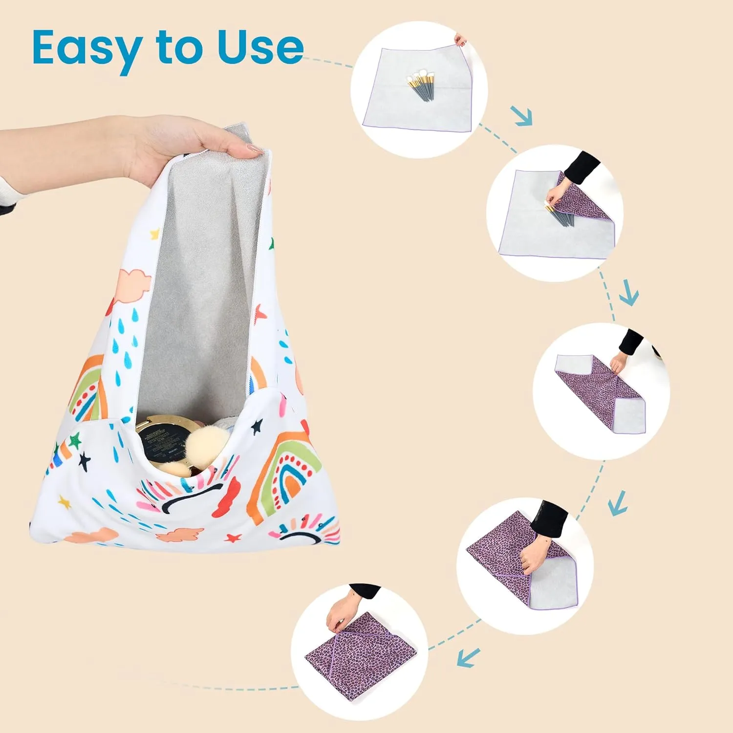 Magic Cloth Makeup Bag,Self-Adhesive Portable Cosmetic Bag,Multi Purpose Reusable Travel Storage Bag,Camera Lens Protector,Protective Cover Laptop Sleeve,Folding,Washable(21.7" X 21.7",Rainbow)