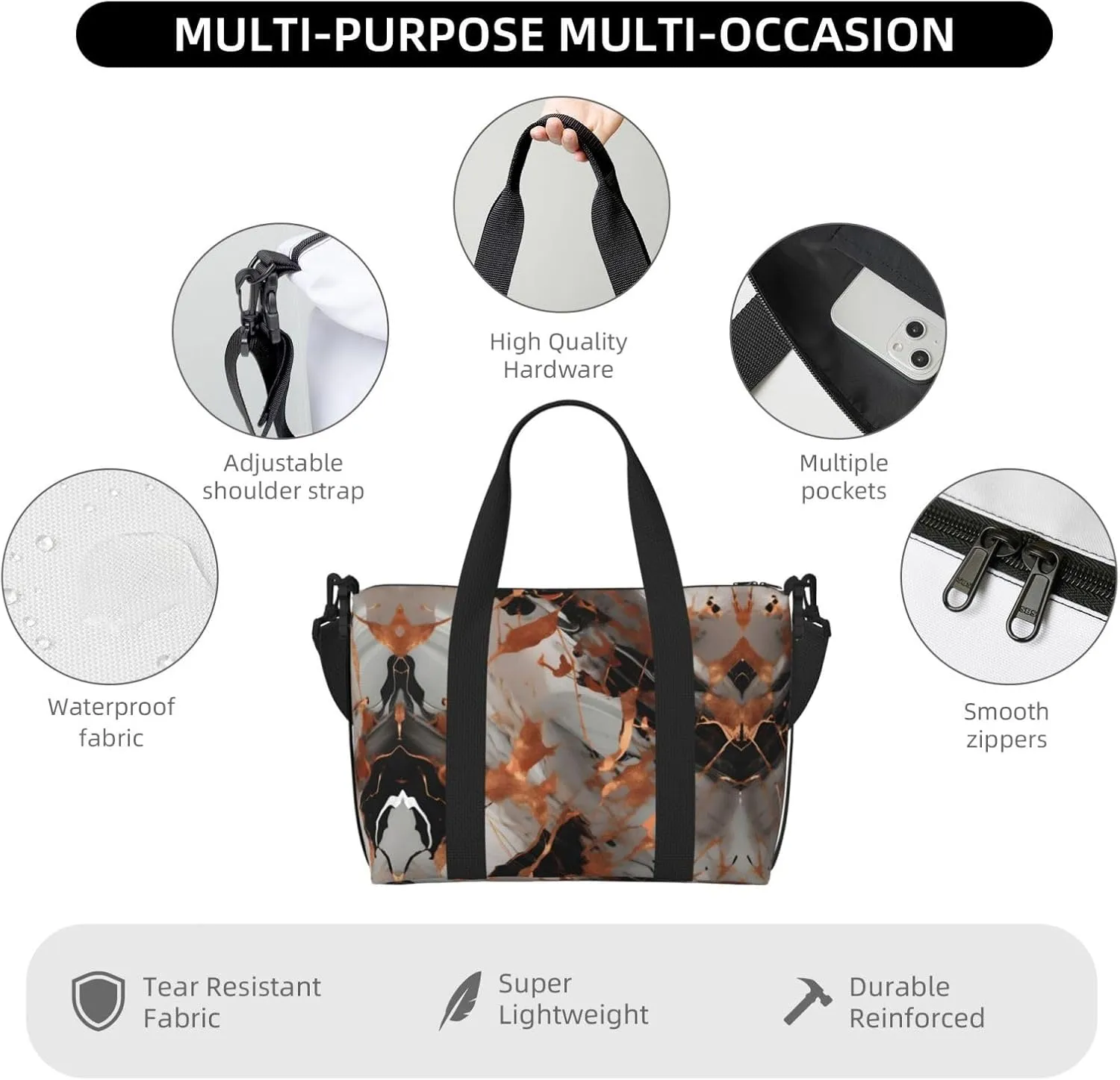 Marble Texture Copper Splatter Travel Duffel Bag Carry On Tote Bags For Men,Weekender Overnight Bag,Sports Tote Gym Bag