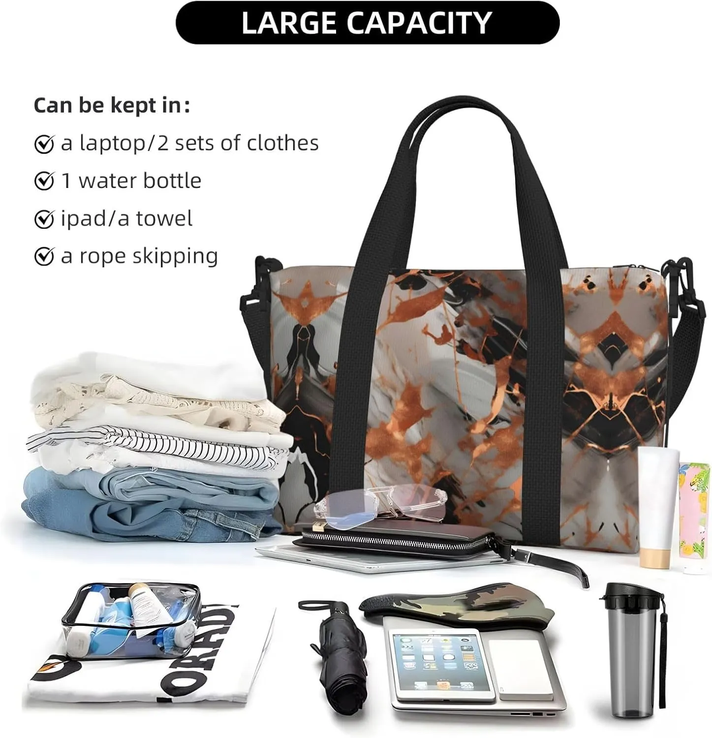 Marble Texture Copper Splatter Travel Duffel Bag Carry On Tote Bags For Men,Weekender Overnight Bag,Sports Tote Gym Bag