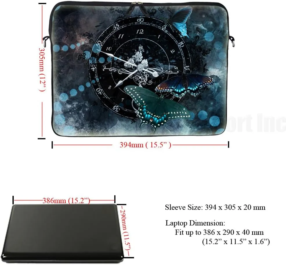Meffort Inc 15 15.6 inch Neoprene Laptop Sleeve Bag Carrying Case with Hidden Handle and Adjustable Shoulder Strap - Butterfly Clock