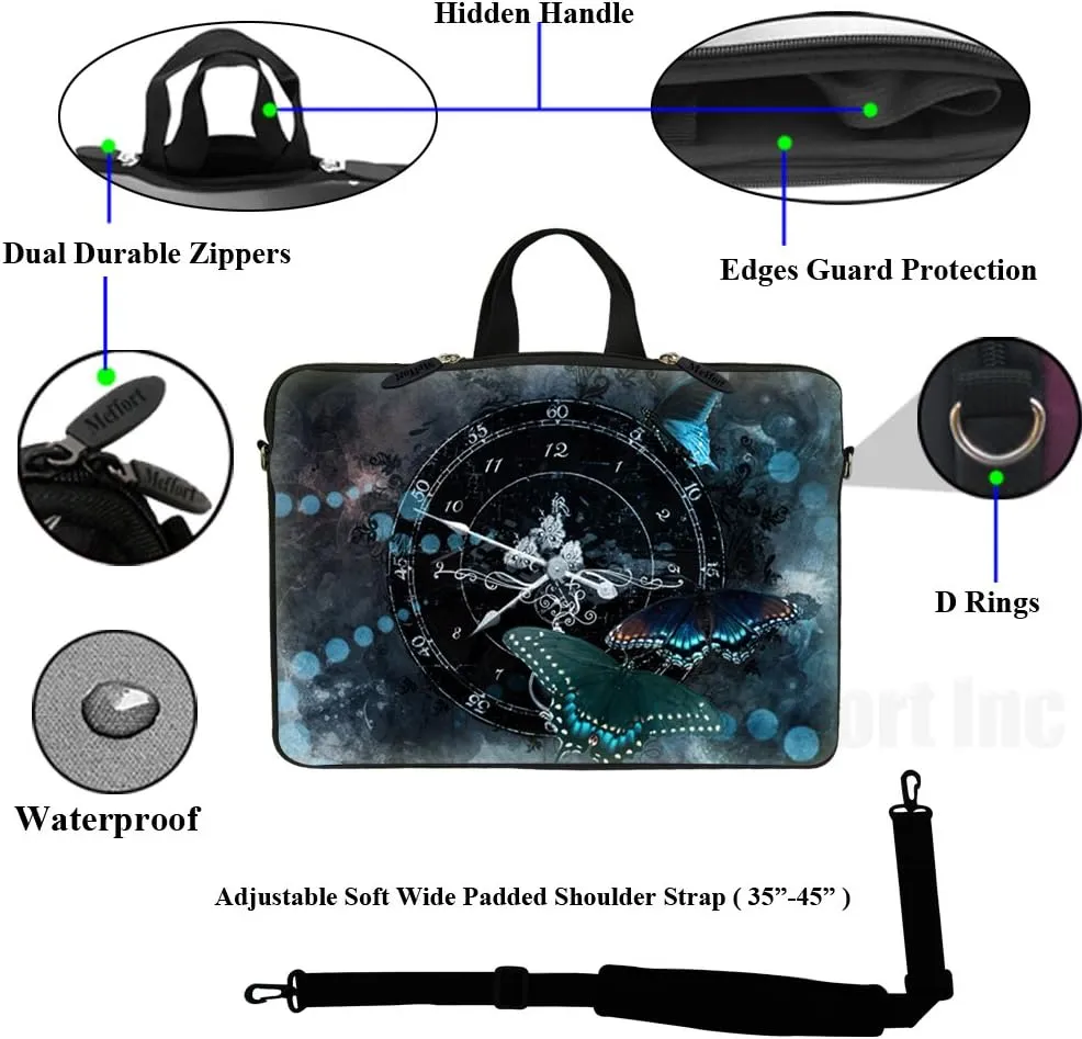 Meffort Inc 15 15.6 inch Neoprene Laptop Sleeve Bag Carrying Case with Hidden Handle and Adjustable Shoulder Strap - Butterfly Clock