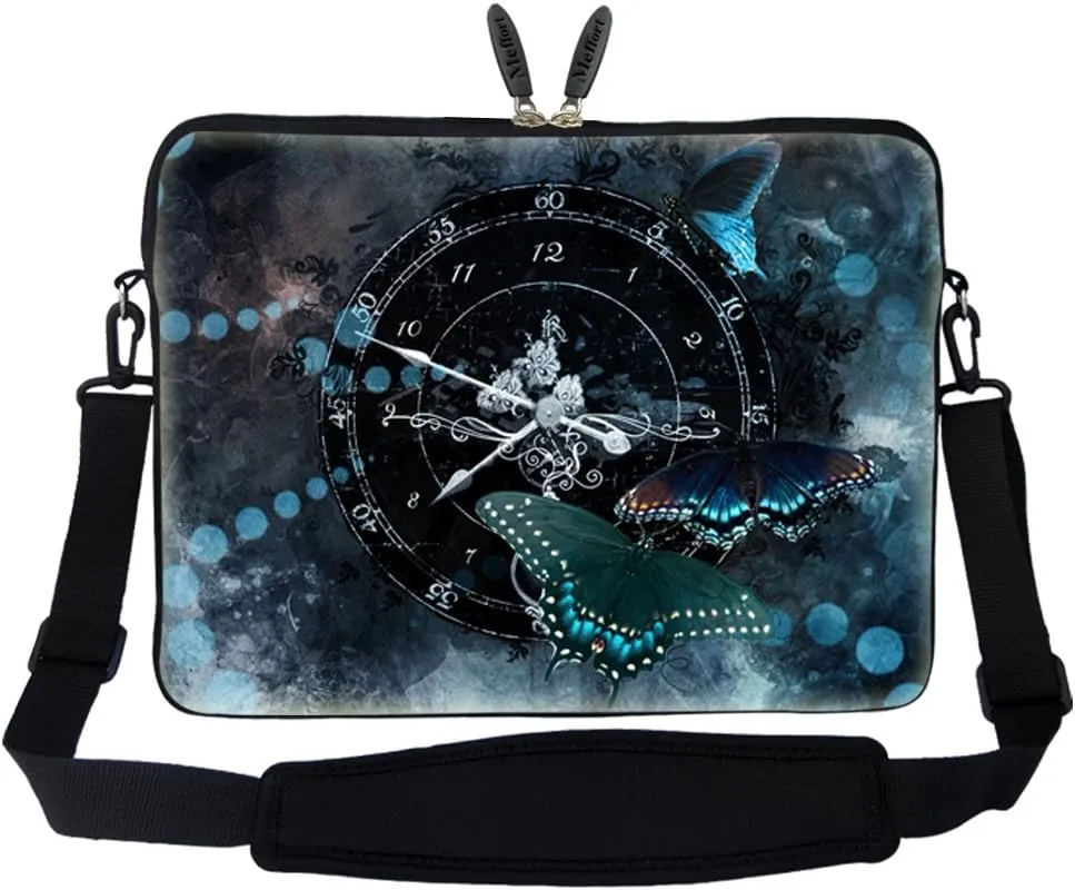 Meffort Inc 15 15.6 inch Neoprene Laptop Sleeve Bag Carrying Case with Hidden Handle and Adjustable Shoulder Strap - Butterfly Clock