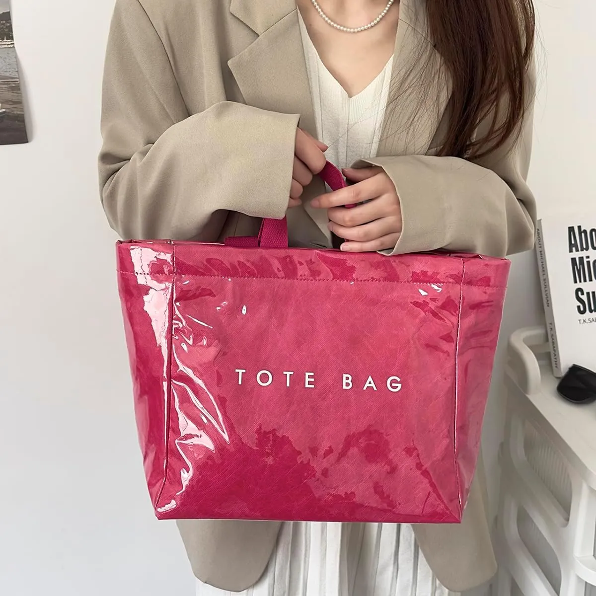 MINGRI Large Tote Bags for Women PVC Clear Totes Bag Plastic Carry All Bag Kraft Paper Shoulder Handbag Hobo for Work Travel