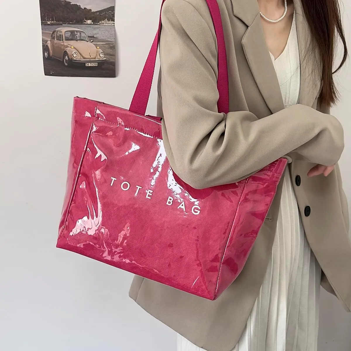 MINGRI Large Tote Bags for Women PVC Clear Totes Bag Plastic Carry All Bag Kraft Paper Shoulder Handbag Hobo for Work Travel