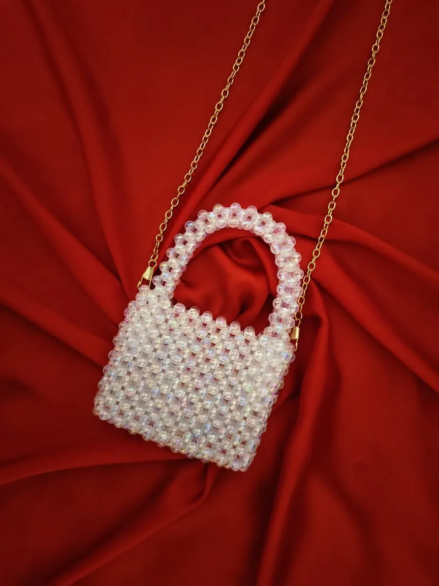 Mini White Beaded Crossbody Bag