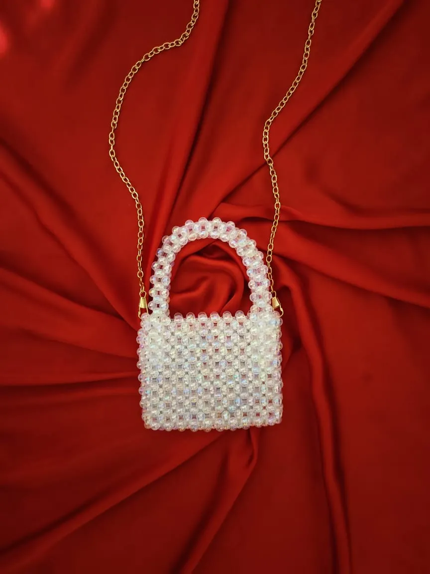 Mini White Beaded Crossbody Bag